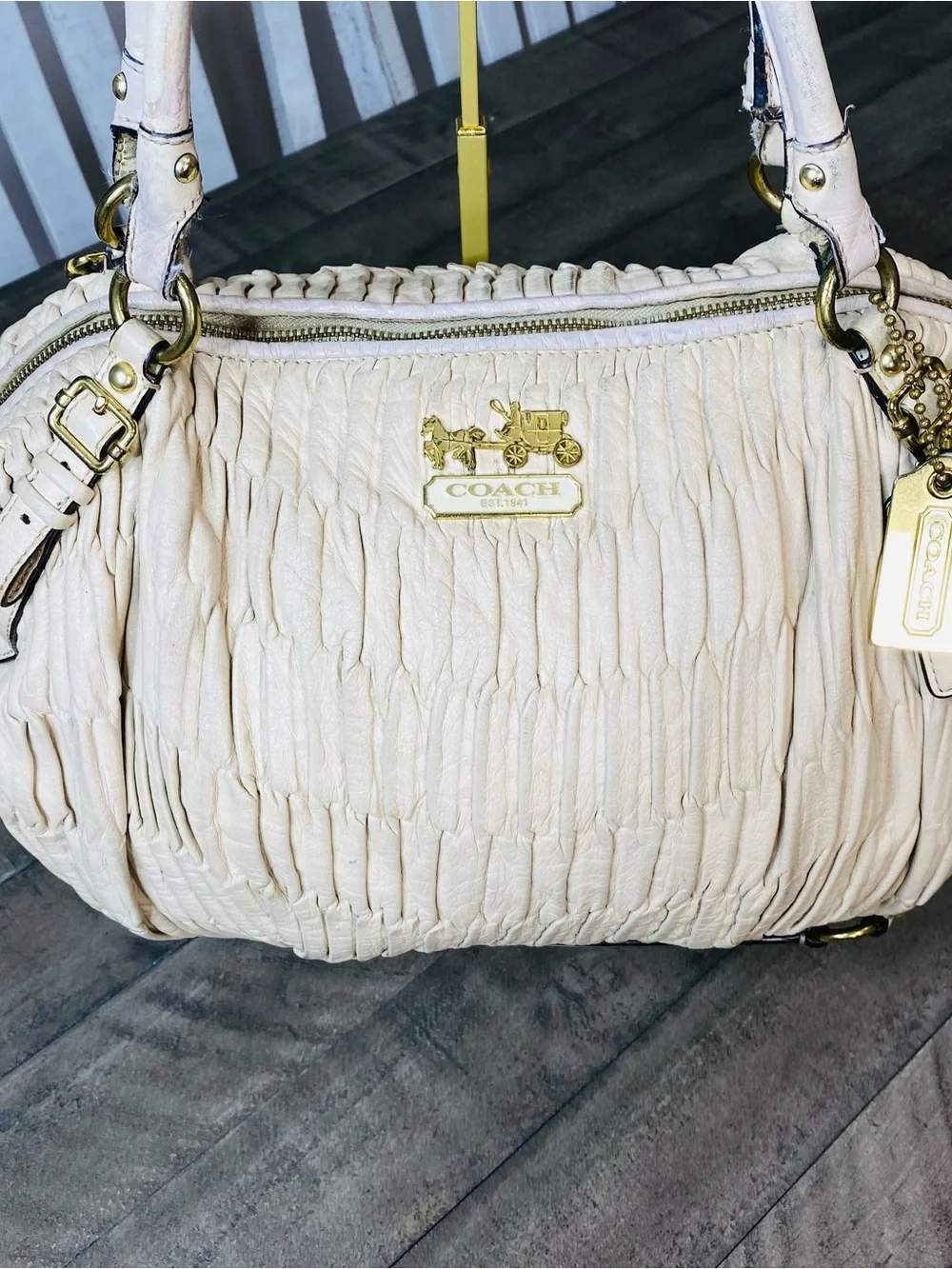 Coach Madison Gathered Leather Satchel Bag Off-White Cream Gold Hardware